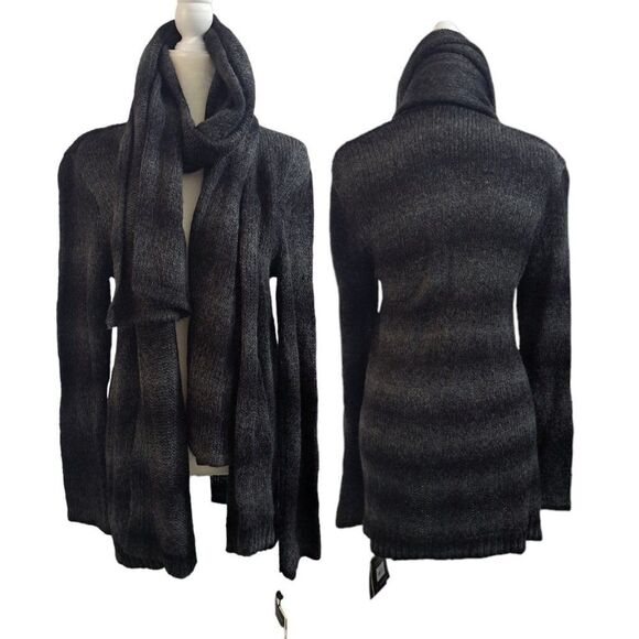 Elie Tahari Woman's Knit Open Cardigan Removable Scarf Grey Black Long Sleeves L - Picture 3 of 10